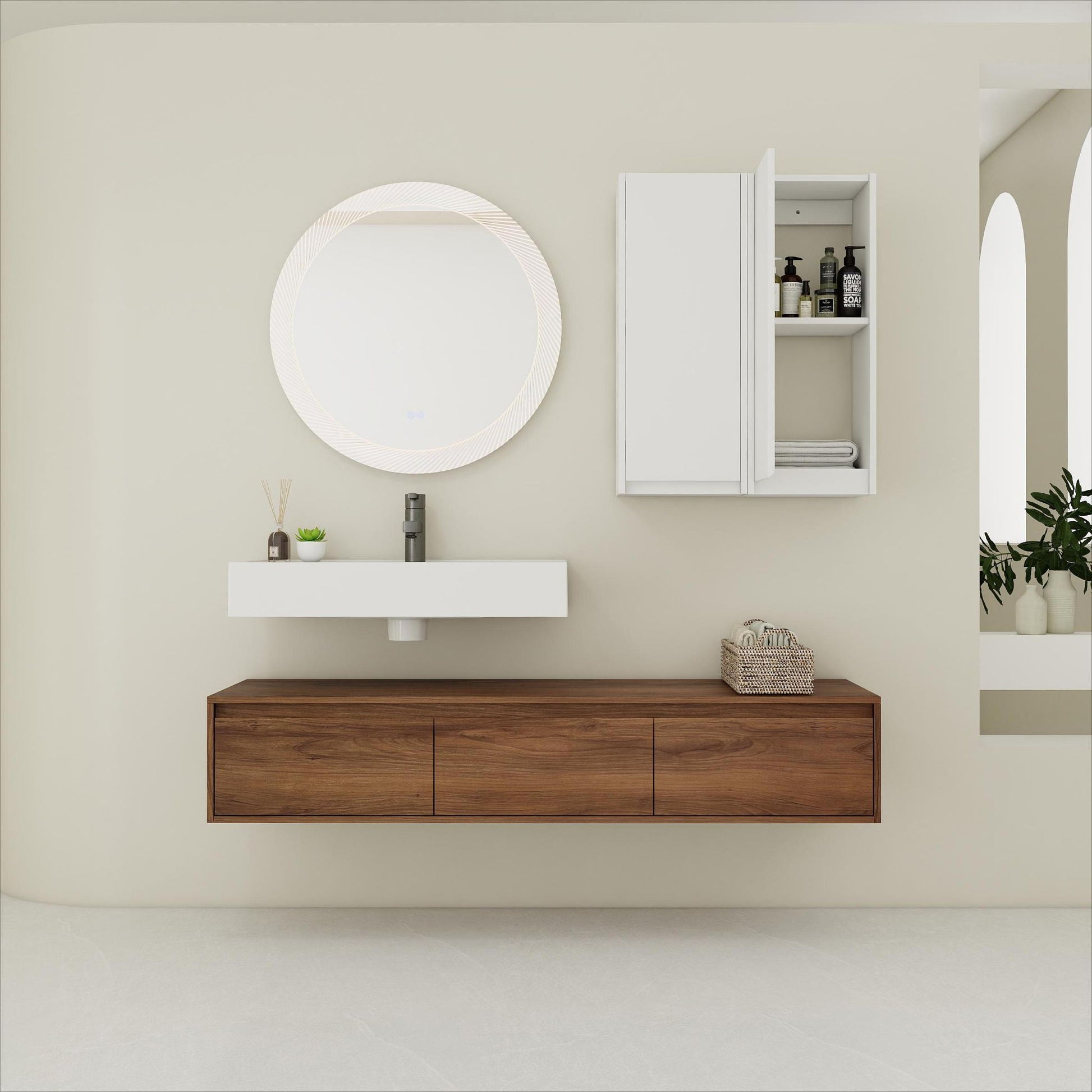 Wall Mounted Bathroom Vanity With Resin Sink And 2 Side Cabinet, 3 Soft Close Drawer - Brown Ebony Home Essentials
