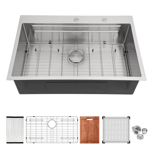 33" Drop In Kitchen Sink Single Bowl 16 Gauge Stainless Steel Ledge Workstation - Black Daily Nest