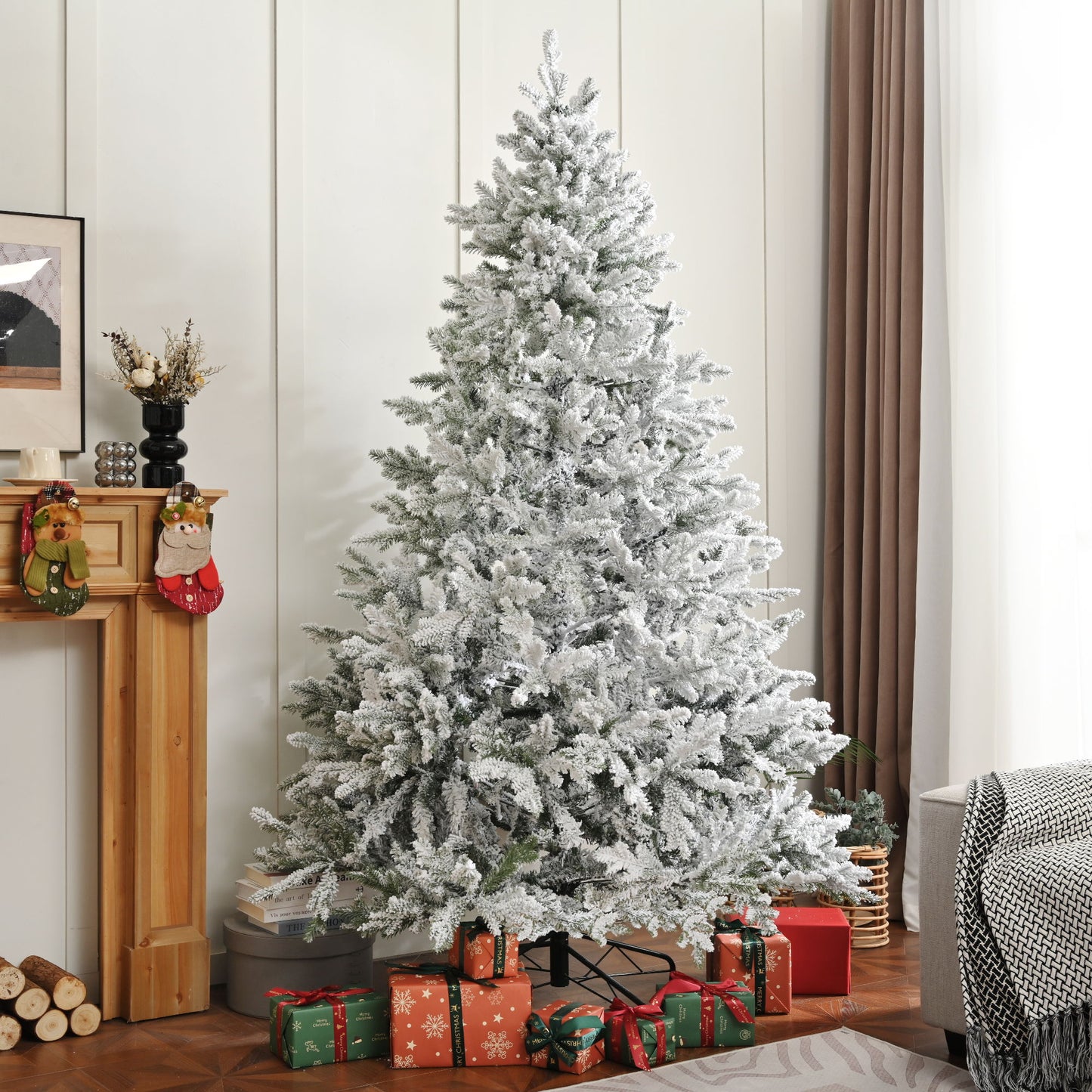 7Ft Snow Flocked Hinged Artificial Christmas Tree With Fluffy Branches And Snow Tips - White Daily Nest