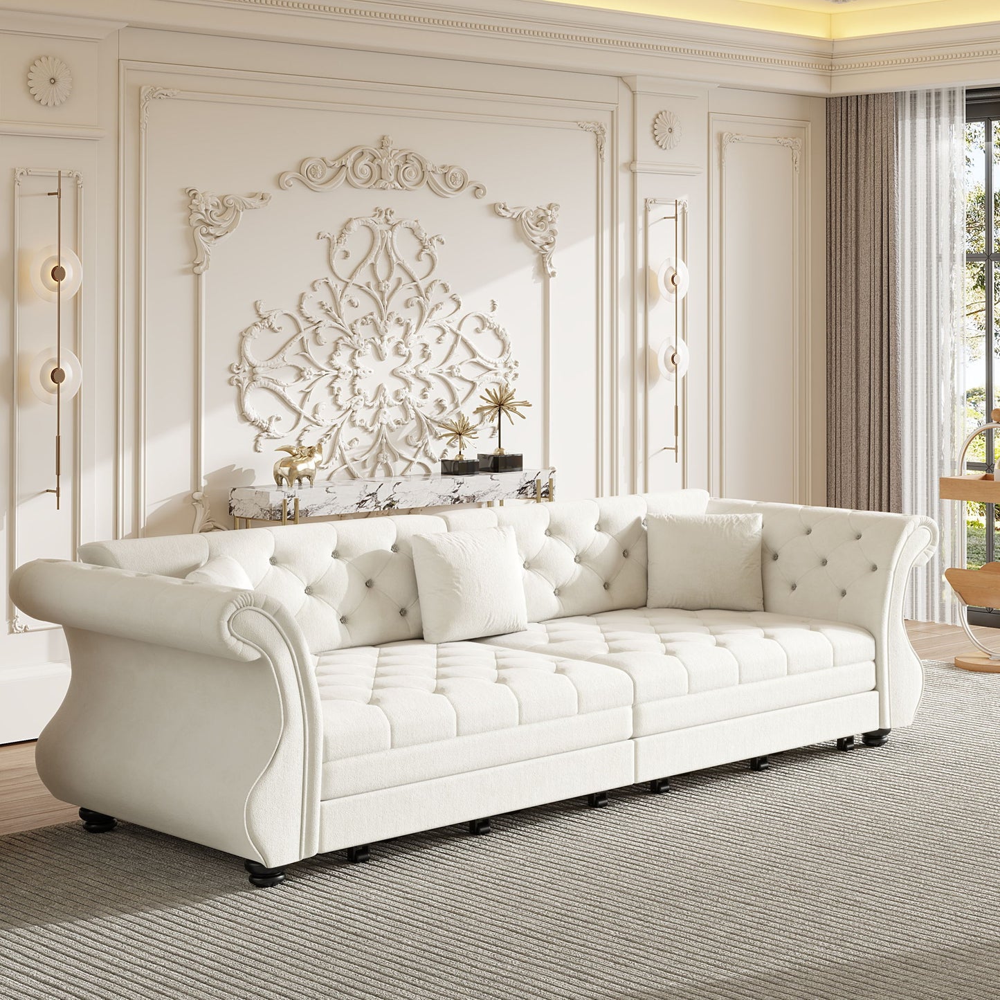Oversized Chesterfield Pull Out Sofa Bed, Roll Arm Couch With Flower Tufting For Living Room Home Essentials