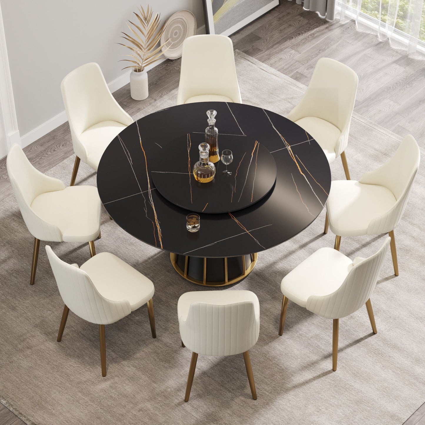 Modern Artificial Stone Round Metal Iron Base Dining Table, Can Accommodate 8 People Artificial Stone Turntable (Not Including Chairs) - Black Home Essentials