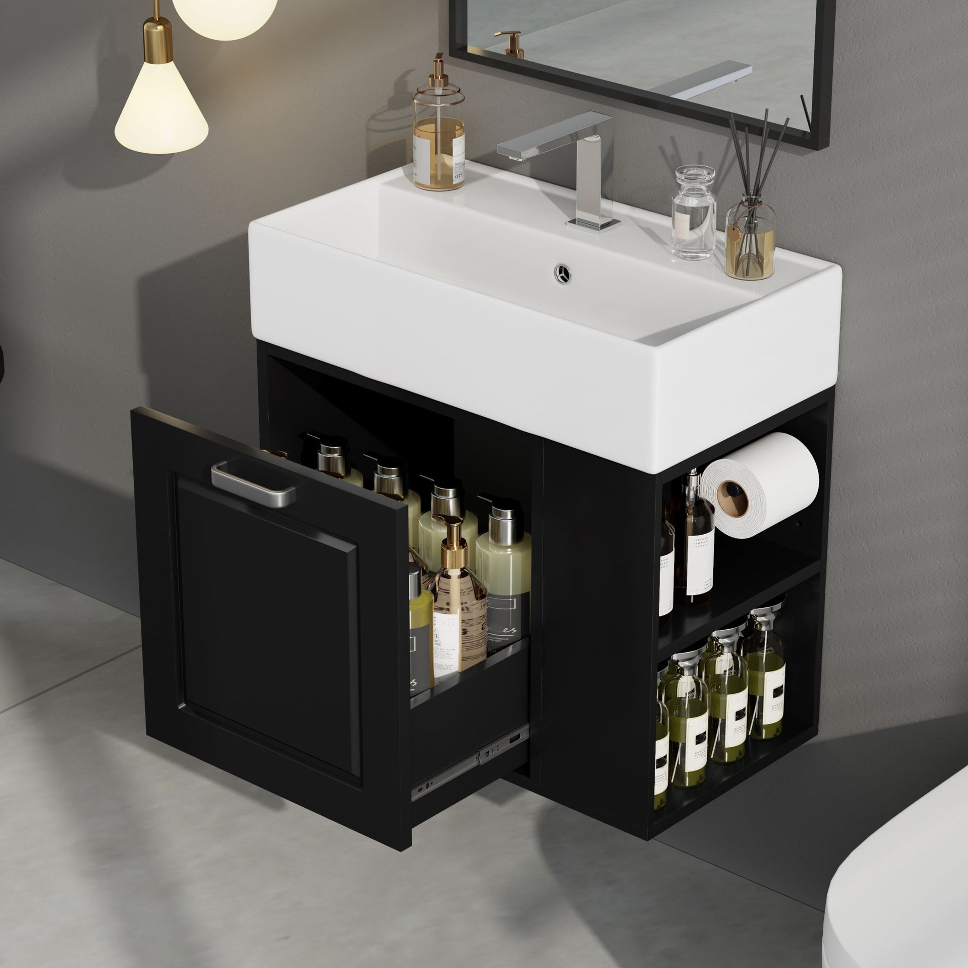 Modern Wall Mounted Bathroom Vanity With Sink, Soft Close Drawer, Adjustable Shelf, Toilet Paper Holder Noble House
