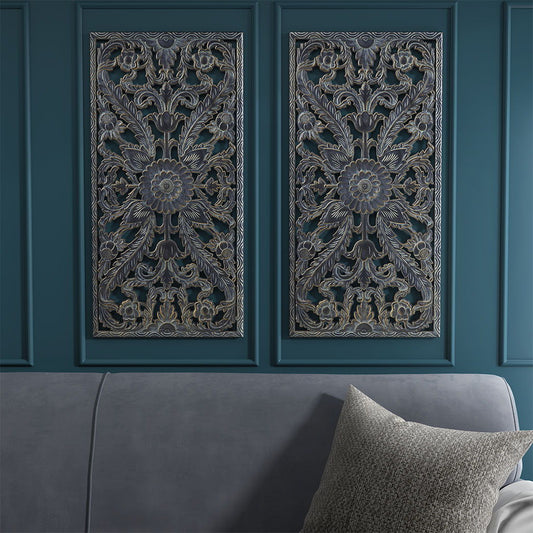 Botanical Panel Carved Wall Decor (Set of 2) - Antique Blue