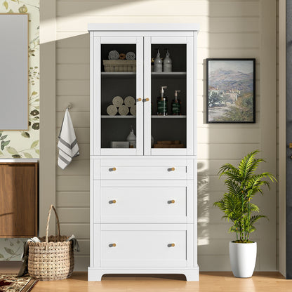 Freestanding Tall Bathroom Cabinet With Adjustable Shelves, Drawers, Soft Close Glass Doors Hearth and Haven
