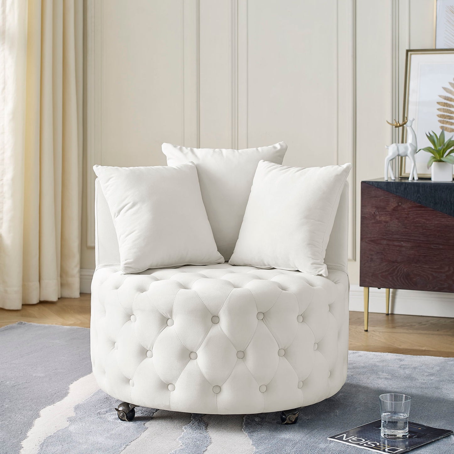 Modern Upholstered Swivel Chair With Button Tufted Design And Movable Wheels Home Essentials