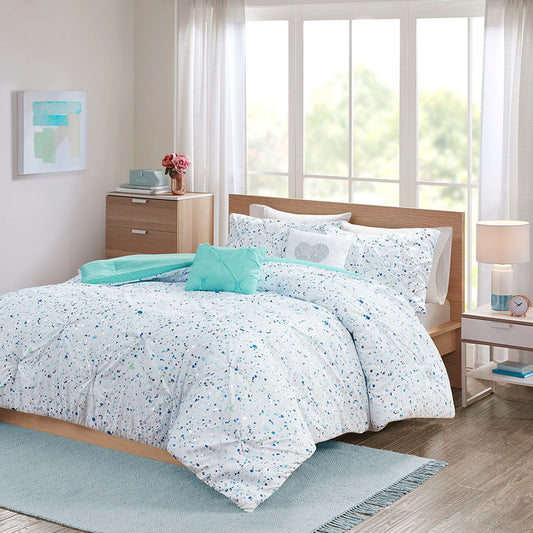 Abby - Twin Metallic Printed And Pintucked Comforter Set - Aqua Blue