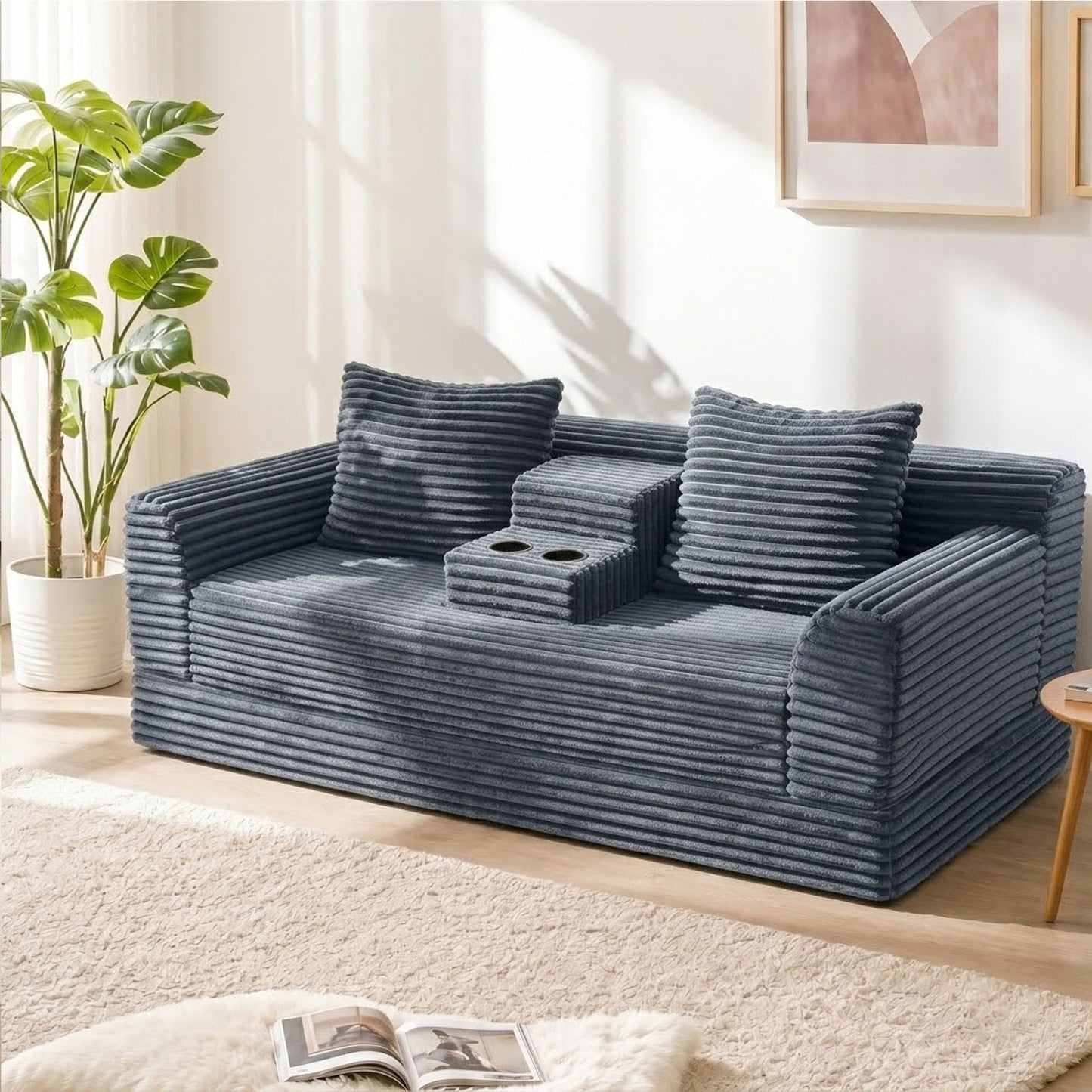Soft Striped Convertible Sofa Bed, Dual Use Lounge Couch With Cup Holders And Pillows Home Essentials