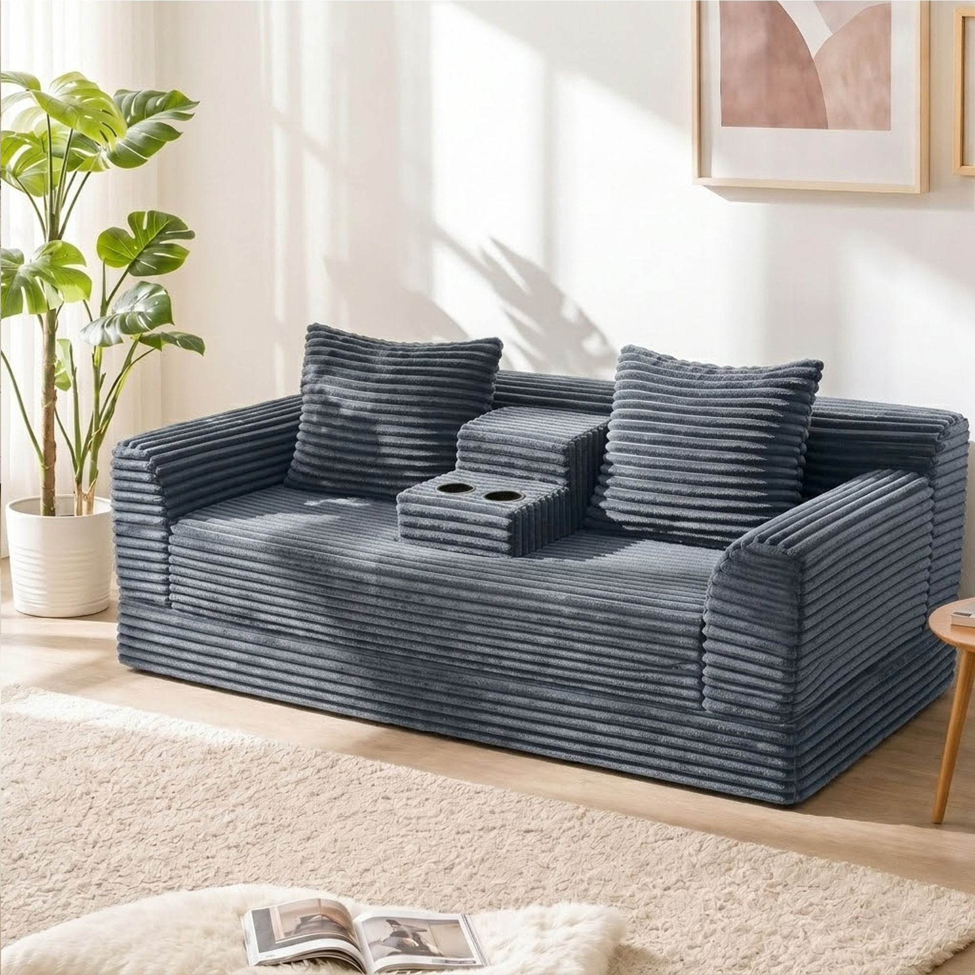 Soft Striped Convertible Sofa Bed, Dual Use Lounge Couch With Cup Holders And Pillows Home Essentials