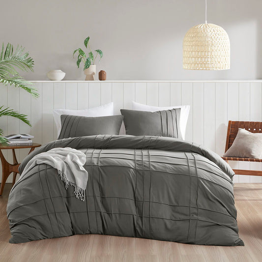 Porter - Full Soft Washed Pleated Duvet Cover Set - Gray Super Listing