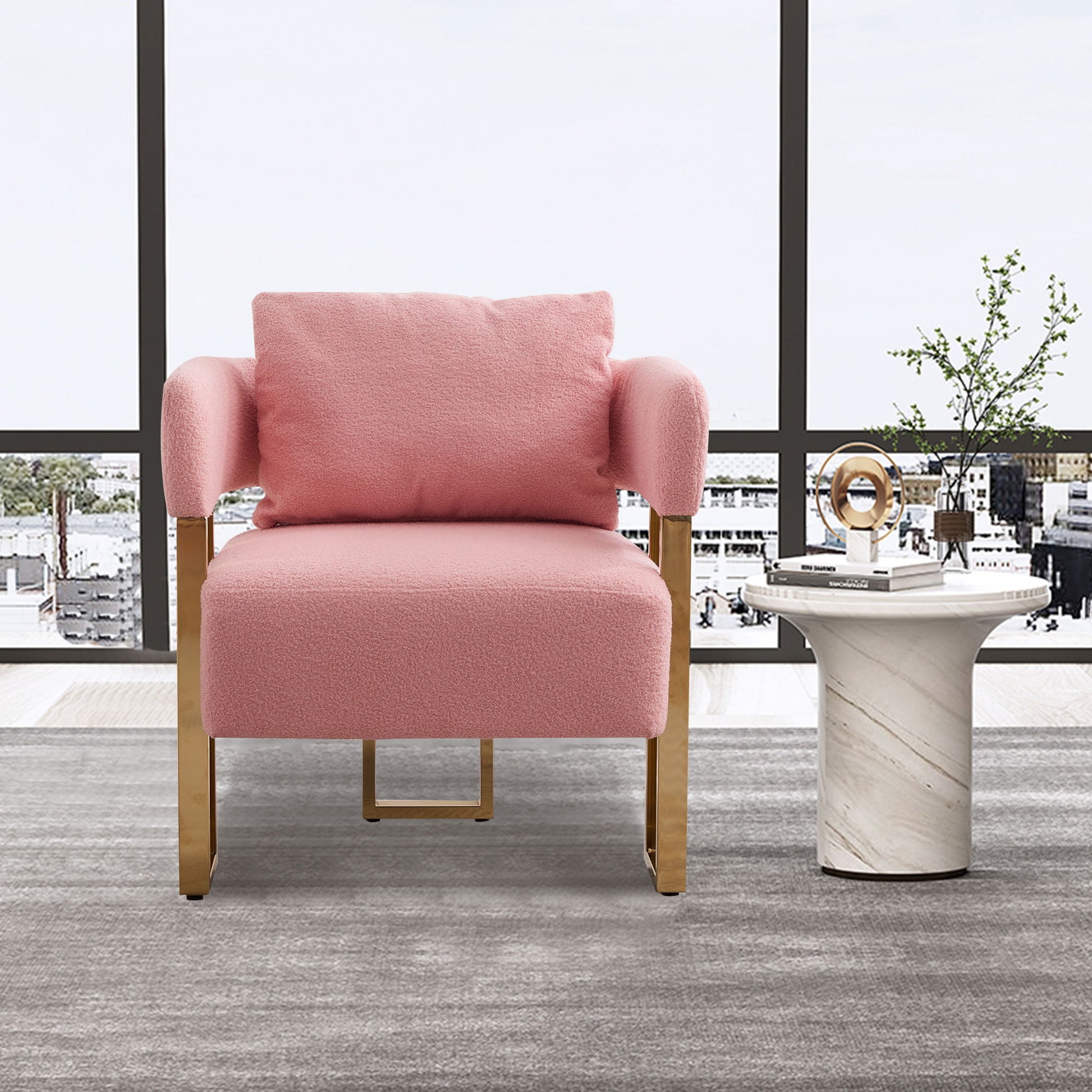 Modern Decorative Chair Teddy Fleece Upholstered And Metal Foot Home Essentials