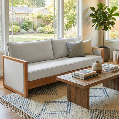 Modern 3 Seater Sofa With Wood Armrests Noble House