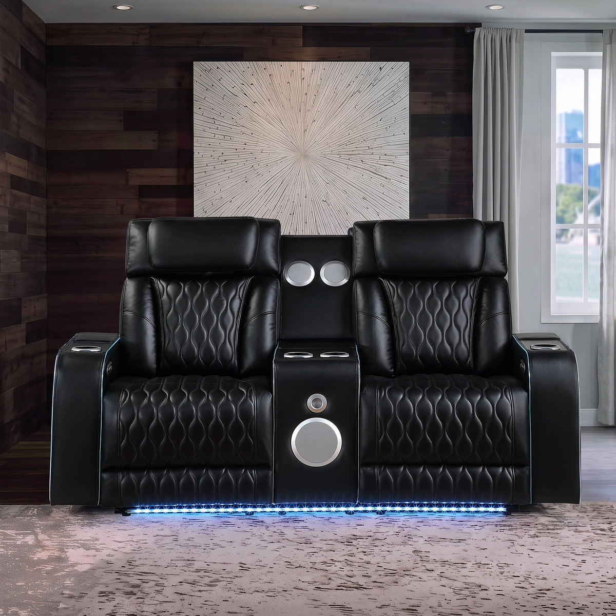 Electra - Power Reclining Loveseat With Power Headrests, Console, Speakers, Massage, LED Lighting And USB Control Matrix Furniture Group