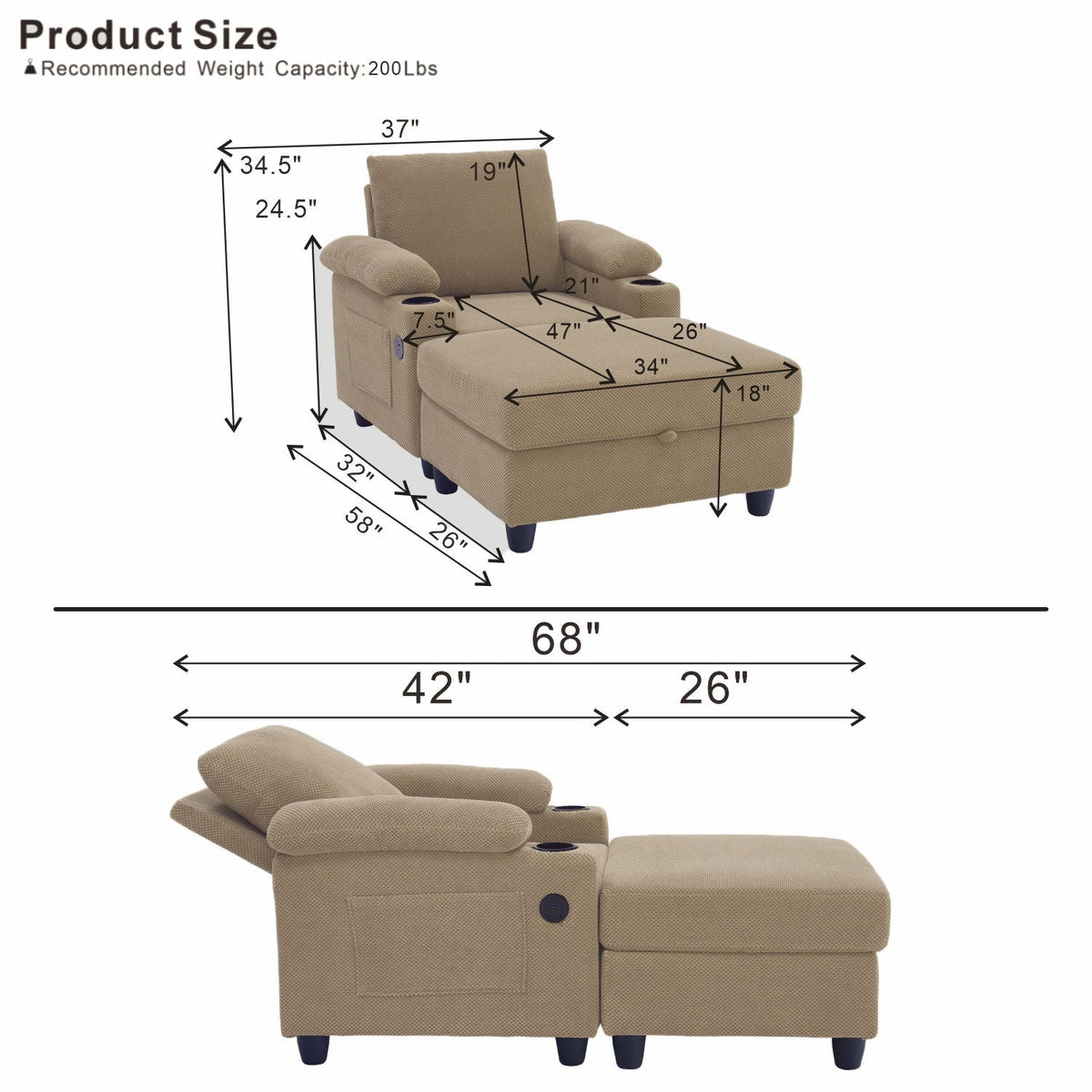 Accent Chair With Storage Ottoman, Reclining Single Chaise Lounge With Cupholders And USB, C Ports Home Essentials
