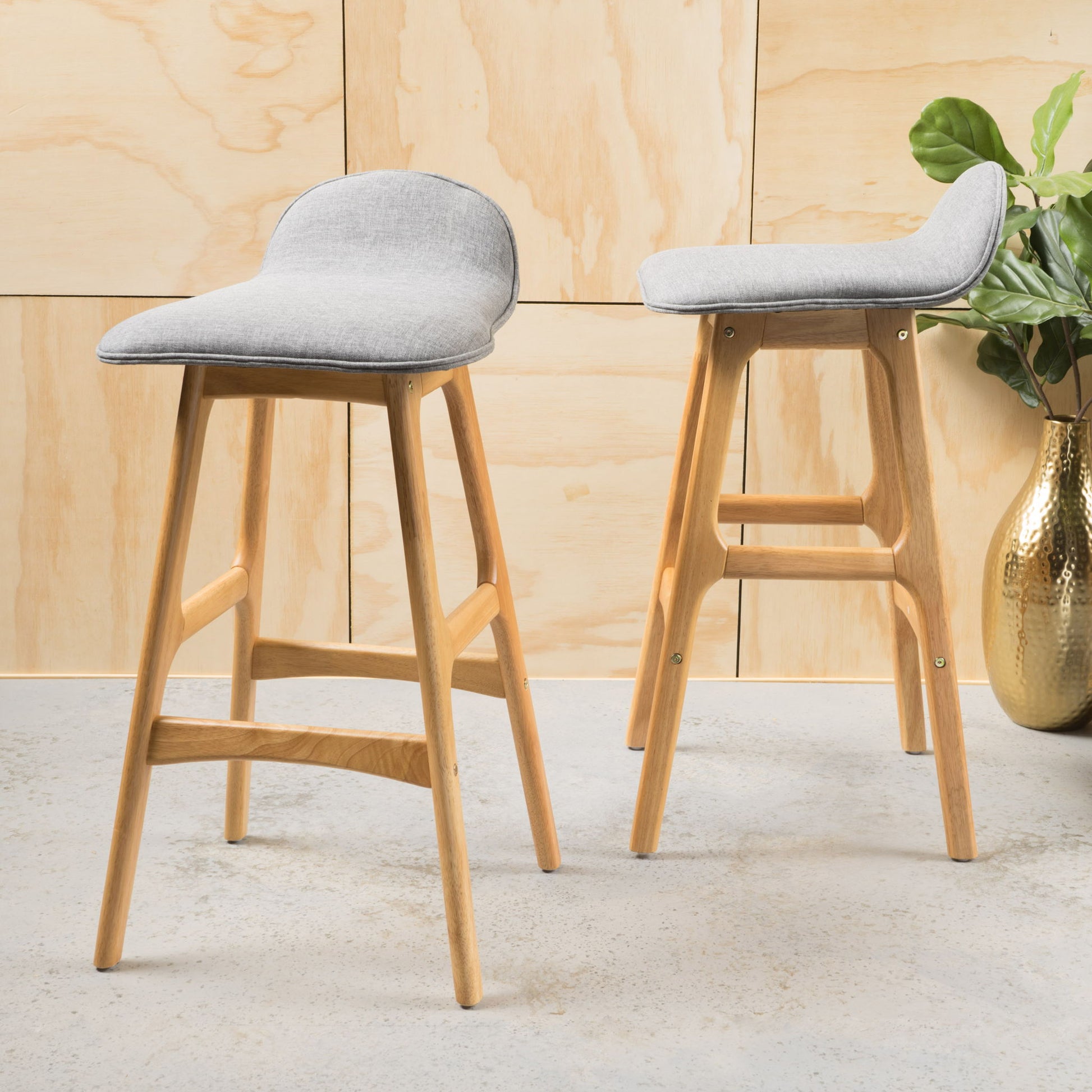 Mid Century Modern Upholstered Low Back Barstools (Set of 2) - Gray / Natural Oak Noble House