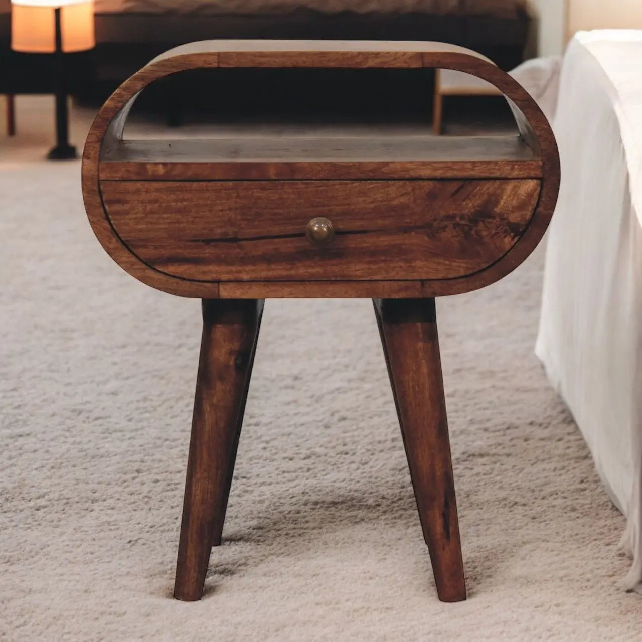 Circular Bedside Table With Open Slot - Caramel Artisan Furniture