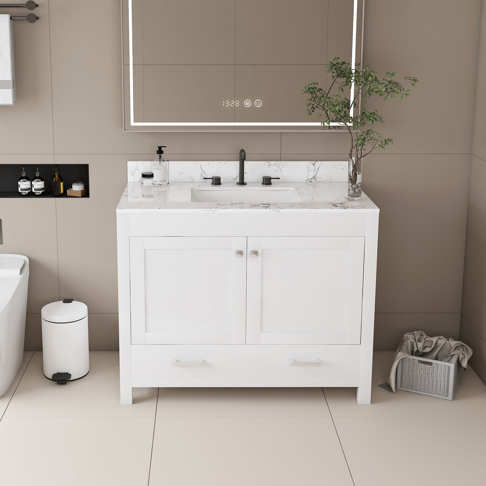 43" Bathroom Vanity With Artificial Marble Carrara Top Set, Multi Functional Bathroom Cabinet With Doors And Drawer - White Home Essentials