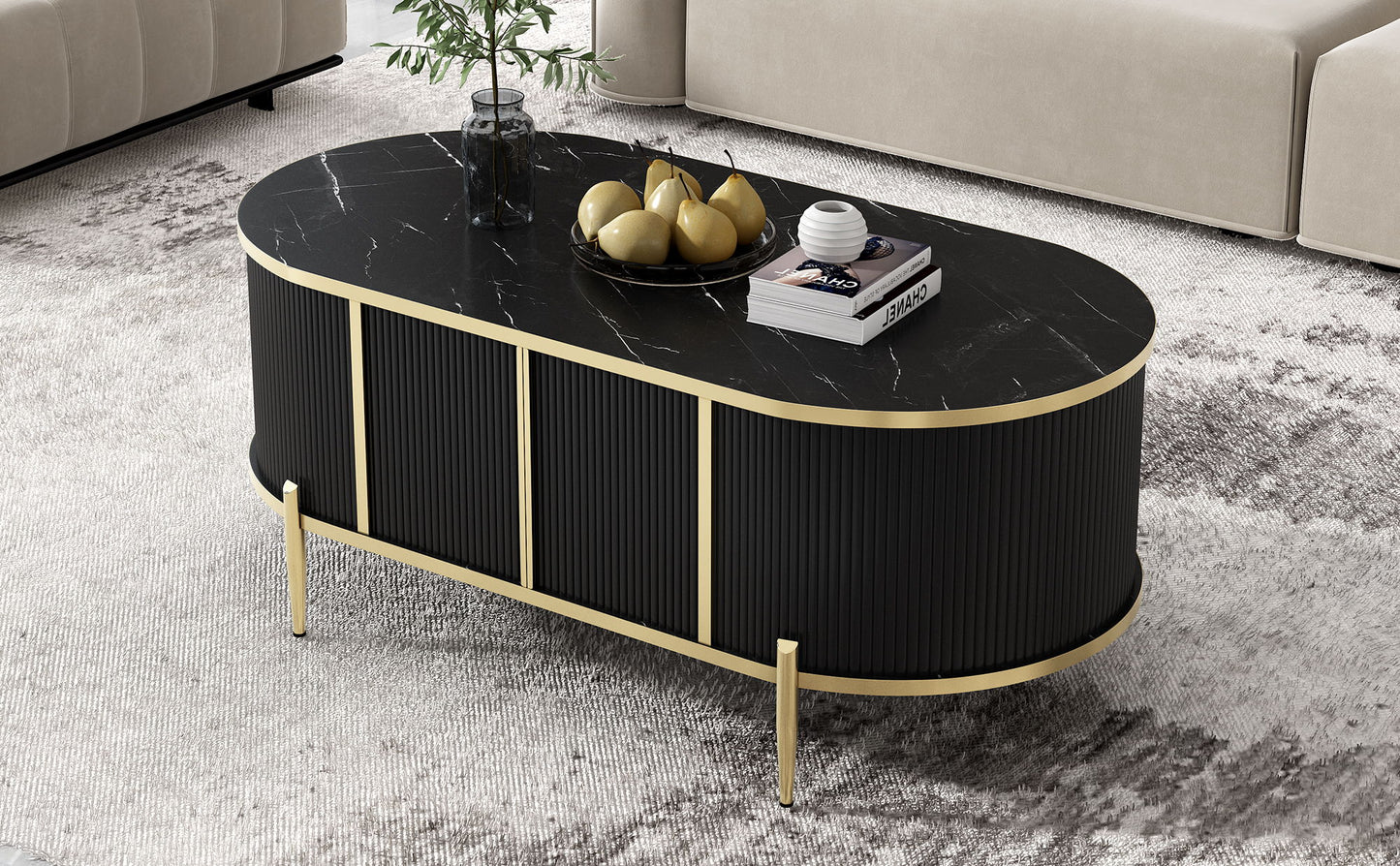 Modern Luxury Oval Shaped Fluted Coffee Table, Marble - Patterned Top Coffee Table With 2 Cabinets, Metal Legs And Handles For Living Room