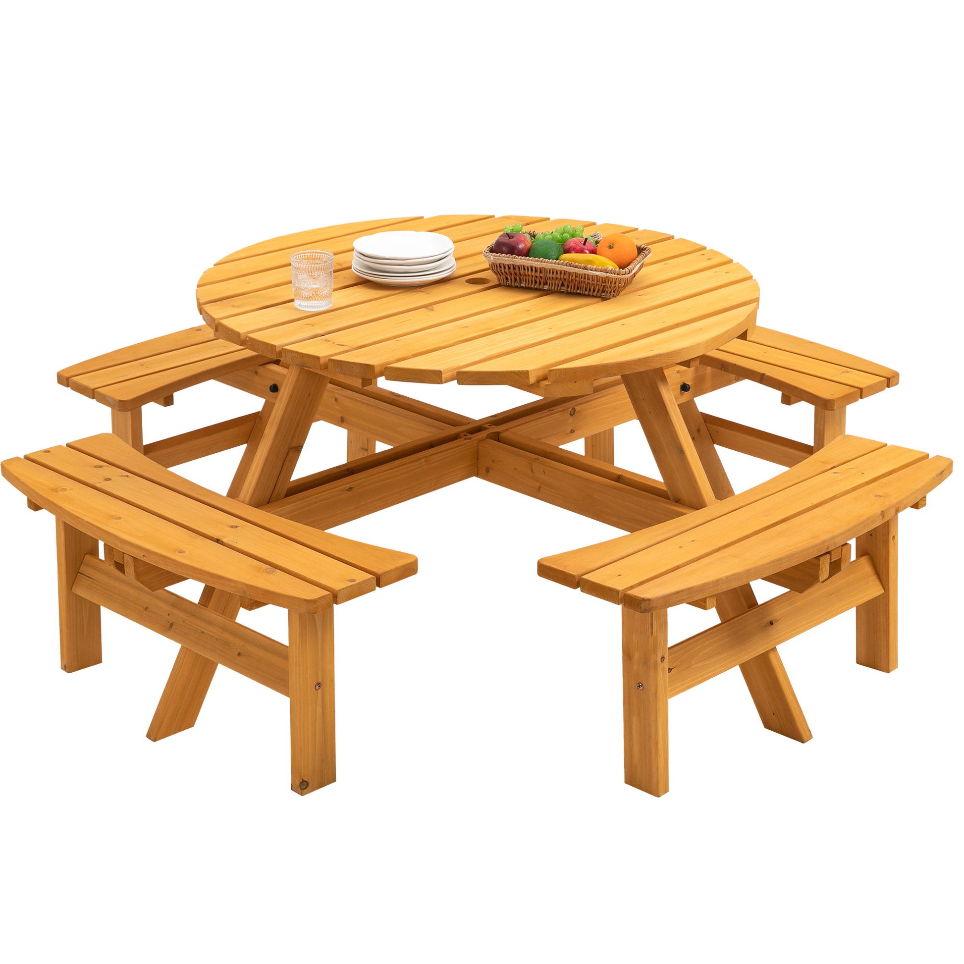 8 Person Wooden Picnic Table, Outdoor Camping Dining Table With Seat, Garden, Diy With 4 Built-In Benches, 2220Lb Capacity Home Essentials