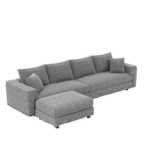 Plush Corduroy 4 Seat Sofa With Soft Pillows And Movable Ottoman - Snoozhouse