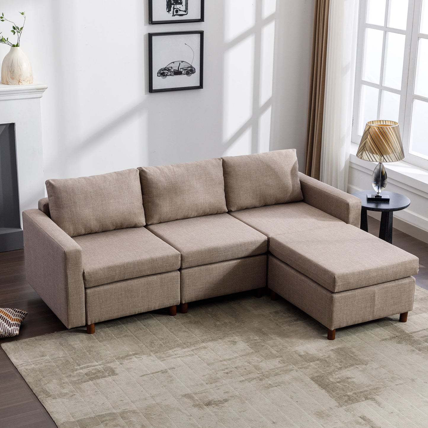 3 Seat Module Sectional Sofa Couch With 1 Ottoman For Living Room, Seat Cushion And Back Cushion Non-Removable And Non-Washable