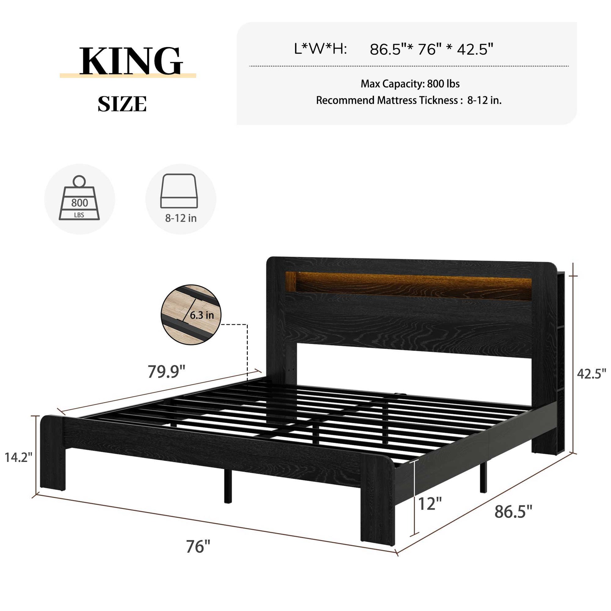 Wood Platform Bed Frame With Storage LED Light Headboard & USB Home Essentials