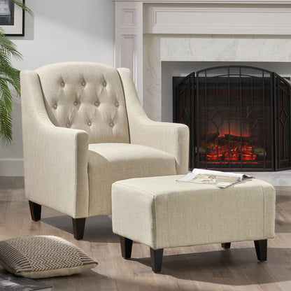Elegant Upholstered Armchair With Ottoman Set - Beige Noble House