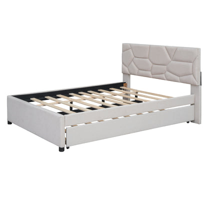 Upholstered Platform Bed With Brick Pattern Headboard And Twin Size Trundle, Linen