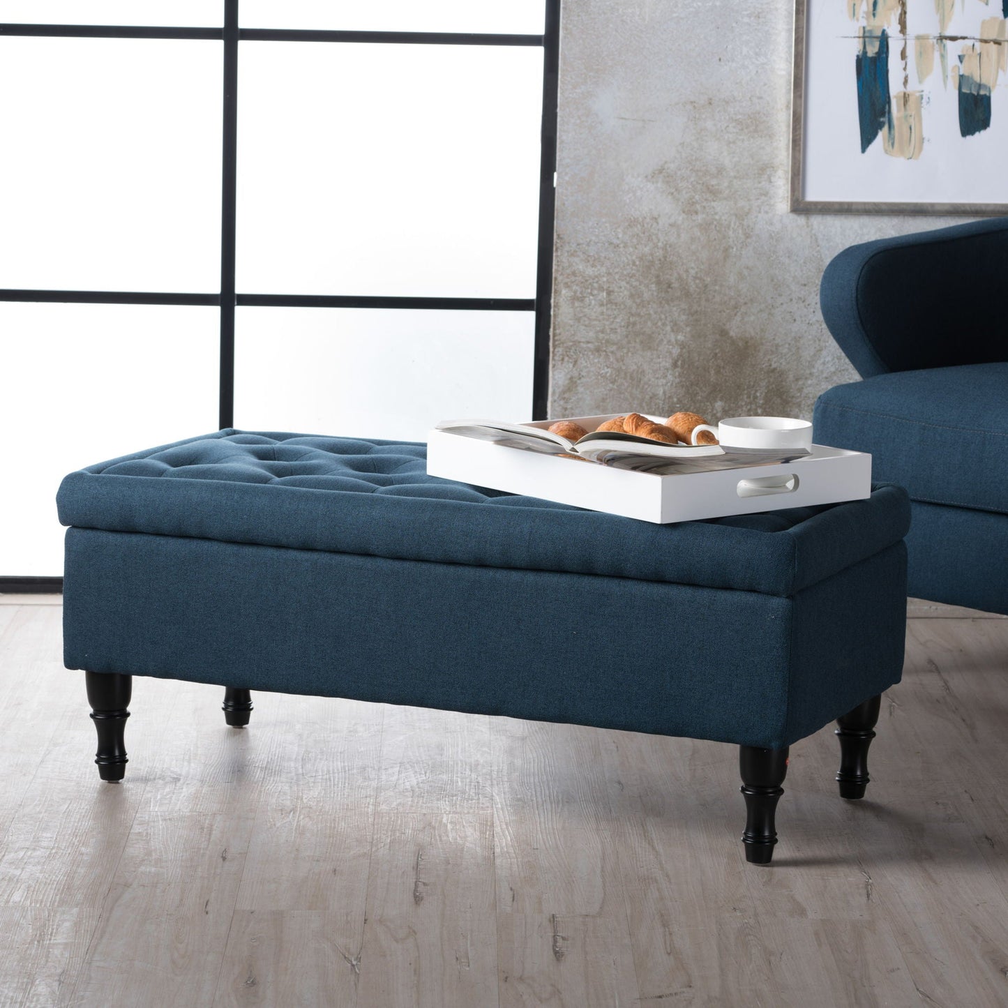 Hyatt - Suede Storage Ottoman With Tufted Top And Dark Wooden Legs - Navy Blue Noble House