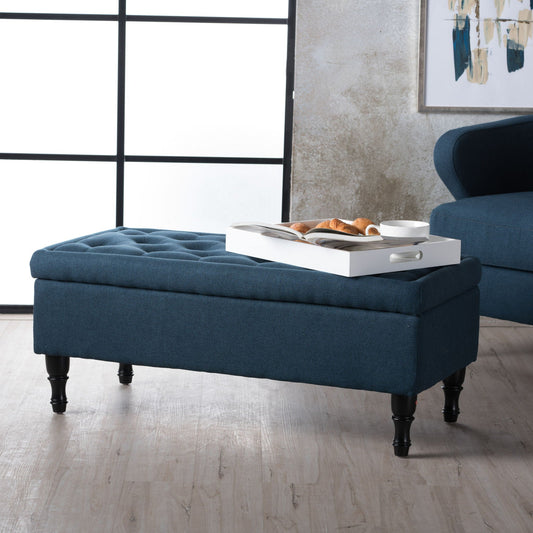 Hyatt - Suede Storage Ottoman With Tufted Top And Dark Wooden Legs - Navy Blue Noble House