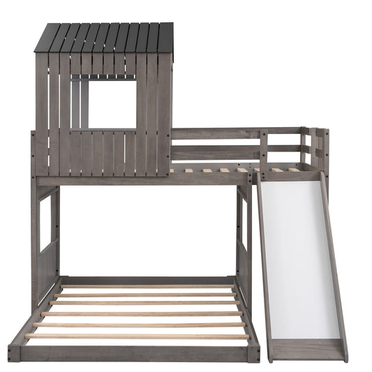 Loft Bunk Bed With Playhouse, Farmhouse, Ladder, Slide And Guardrails DreamHaus