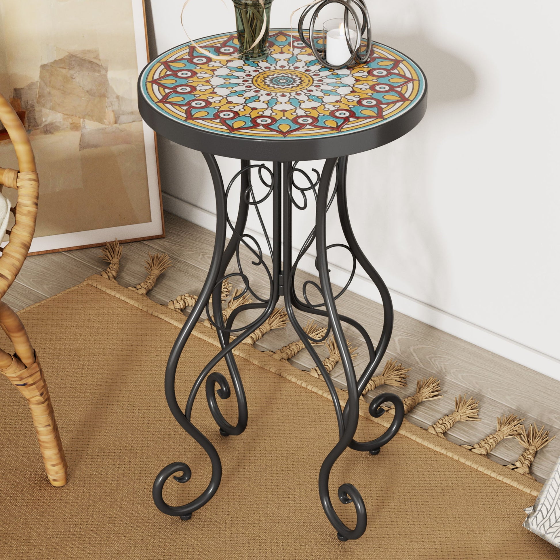 Colorful Outdoor Side Table With Ceramic Tile Top Noble House
