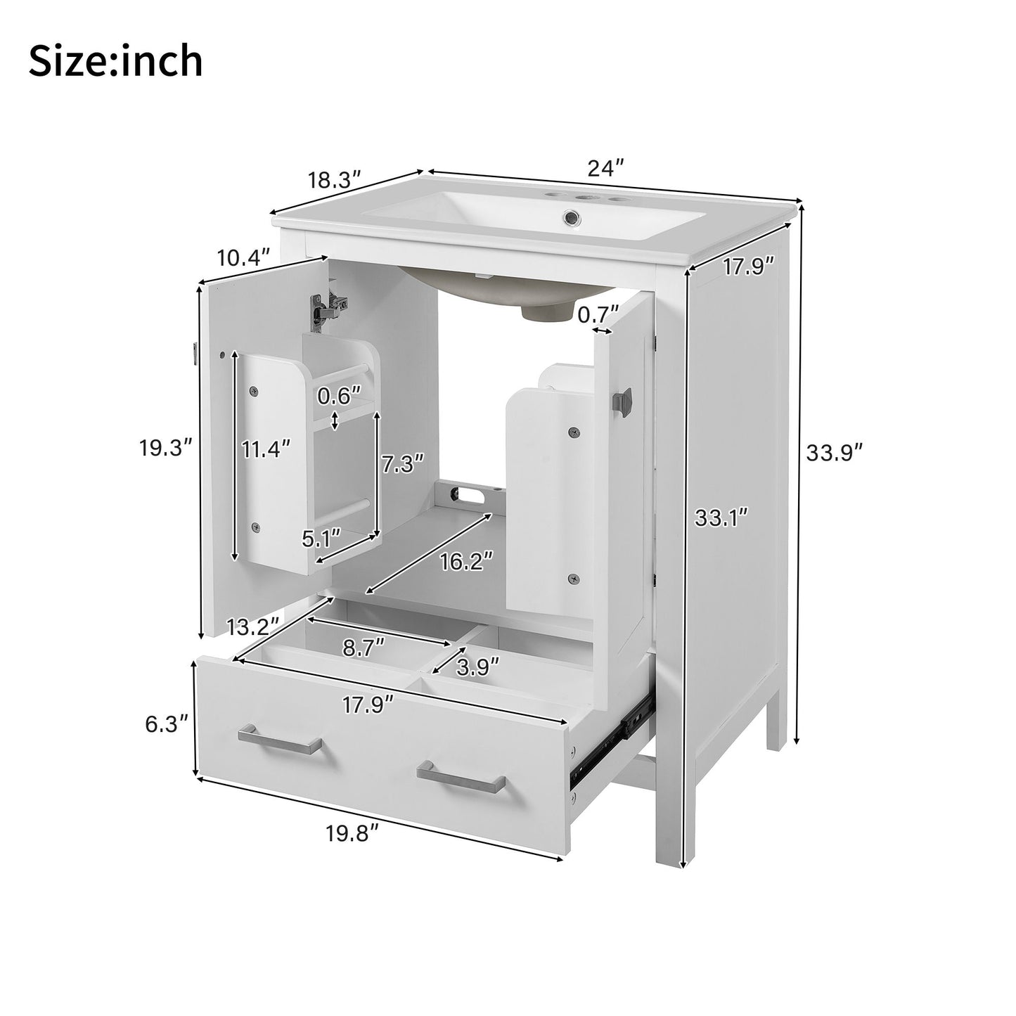 Bathroom Vanity With Integrated Undermount Ceramic Sink, 2 Doors And 1 Drawer, Soft Close Hinges Hearth and Haven