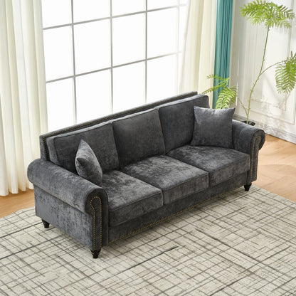 3 Seater Sofa With Tufted Upholstery, Rolled Arms, Nailhead Trim Home Essentials