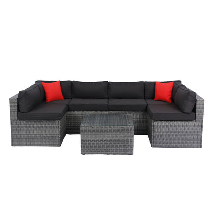 5 Pieces Rattan Sectional Outdoor Furniture Cushioned U Sof Set With 2 Pillow - Gray / Black Home Essentials