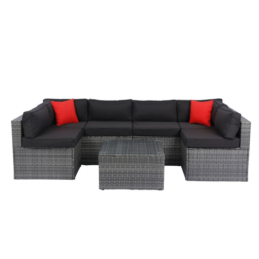5 Pieces Rattan Sectional Outdoor Furniture Cushioned U Sof Set With 2 Pillow - Gray / Black Home Essentials