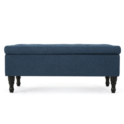Hyatt - Suede Storage Ottoman With Tufted Top And Dark Wooden Legs - Navy Blue Noble House