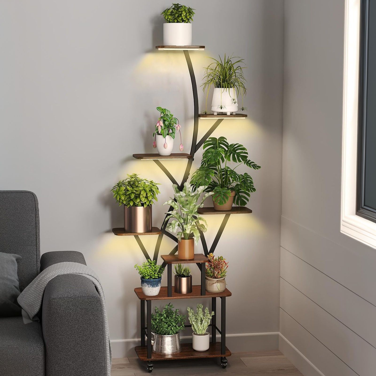 Plant Stand Indoor With Grow Light, 8 Tiered Tall Indoor Plant Shelves For Multiple Plants - Walnut / Black Daily Nest