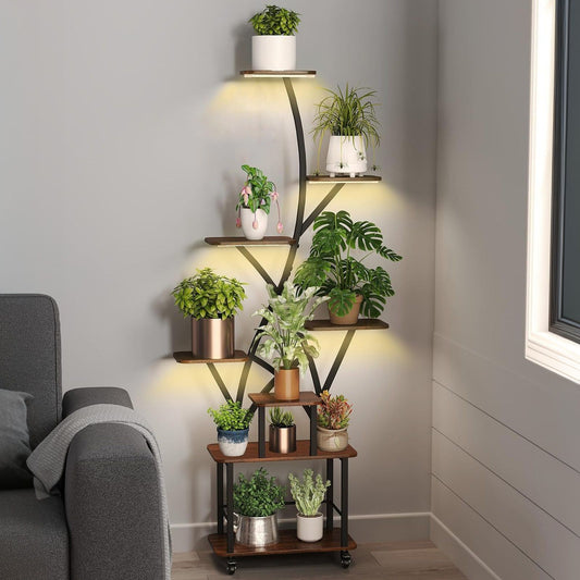 Plant Stand Indoor With Grow Light, 8 Tiered Tall Indoor Plant Shelves For Multiple Plants - Walnut / Black Daily Nest