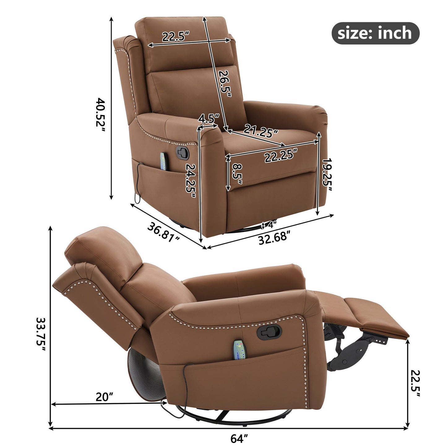 Manual Recliner Swivel Rocking Chair With 8 Point Massage And Heating Noble House