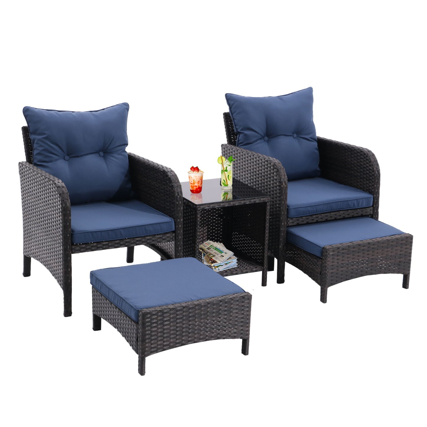 5 Piece Outdoor Patio Furniture Set, All Weather PE Rattan Conversation Chairs With Armrest And Removable Cushions, Ottomans And Storage Coffee Table For Poolside Garden Balcony