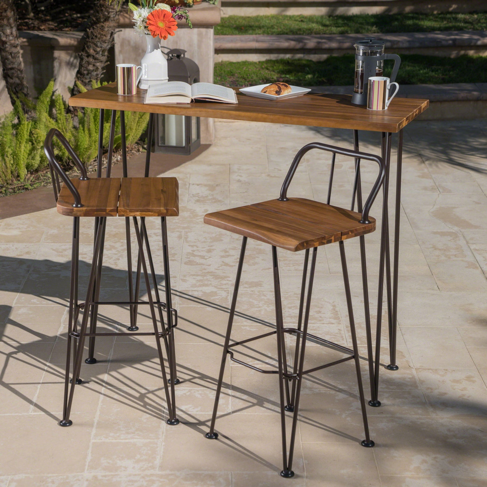 Dione Outdoor Industrial Acacia Wood Bar Set With Metal Frame And Slat Paneling - Brown Noble House