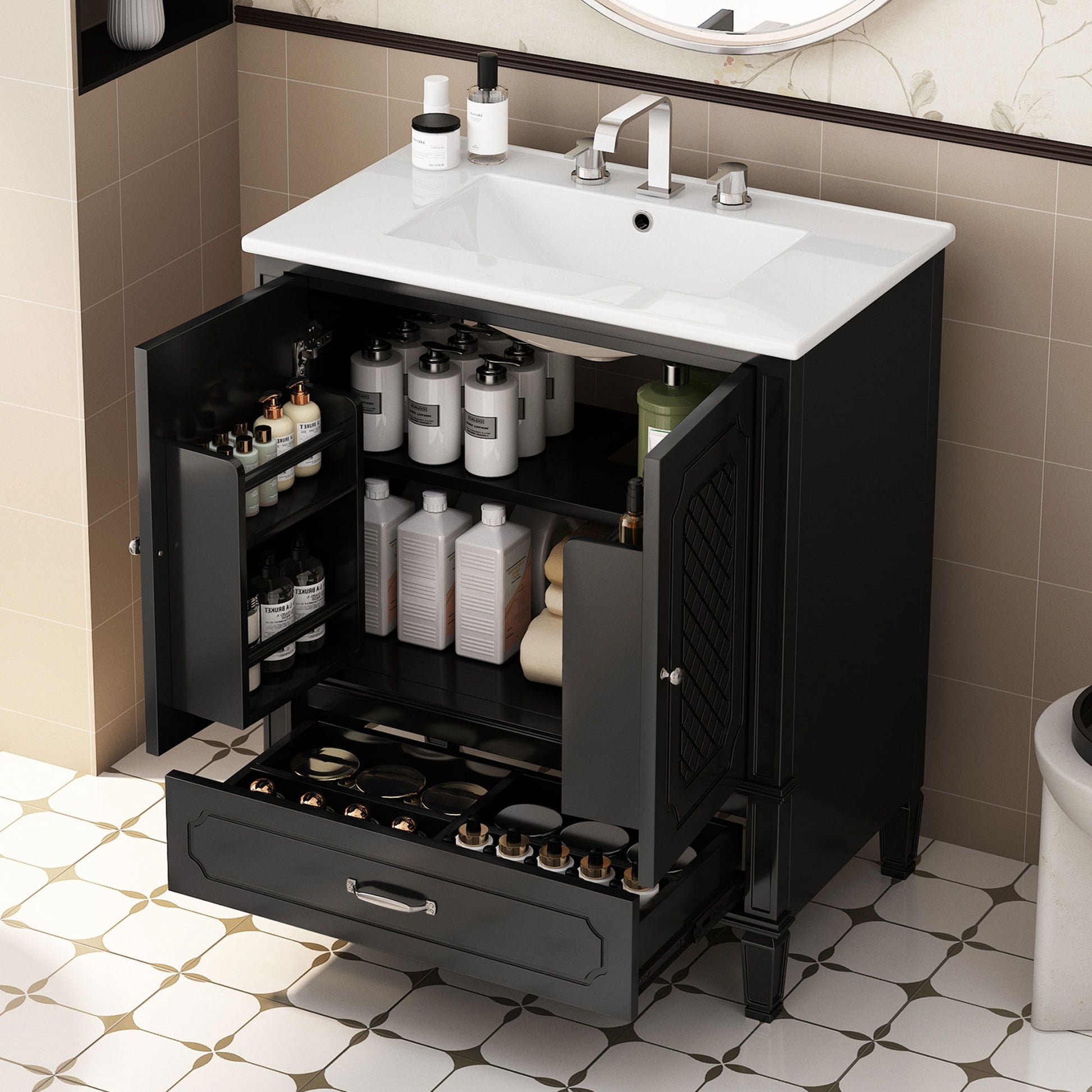 Vintage Style Bathroom Vanity With Sink, Multi Functional Storage, Soft-Closing Door Noble House