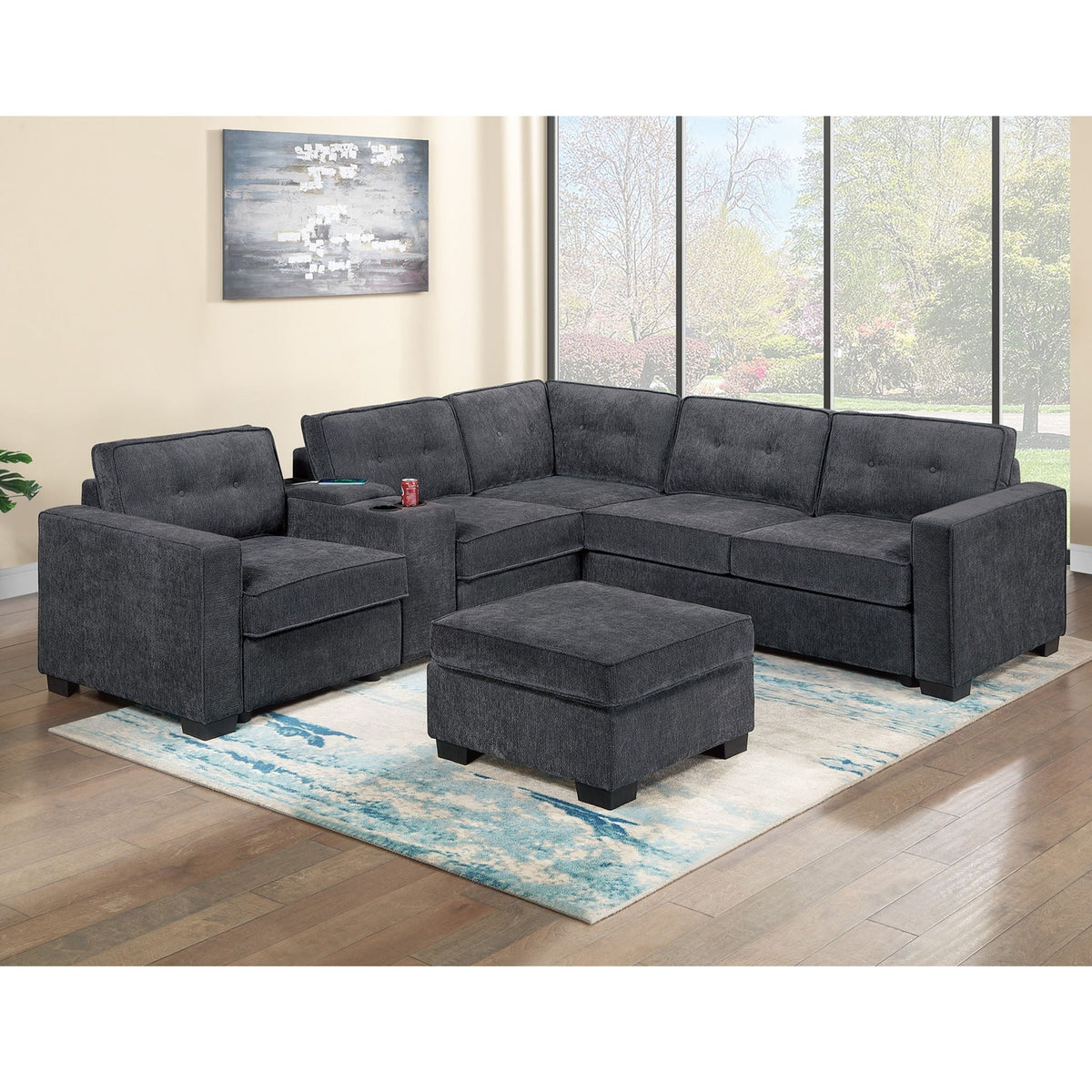 Sectional Set With Reversible Loveseat, USB Console, Corner Wedge & Ottoman Home Essentials