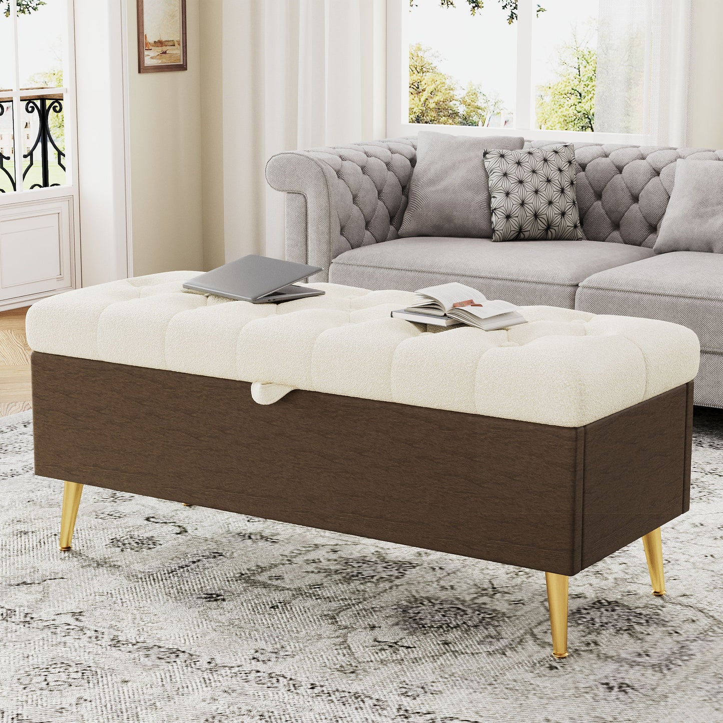 Modern Tufted Storage Ottoman Bench With Metal Legs Hearth and Haven