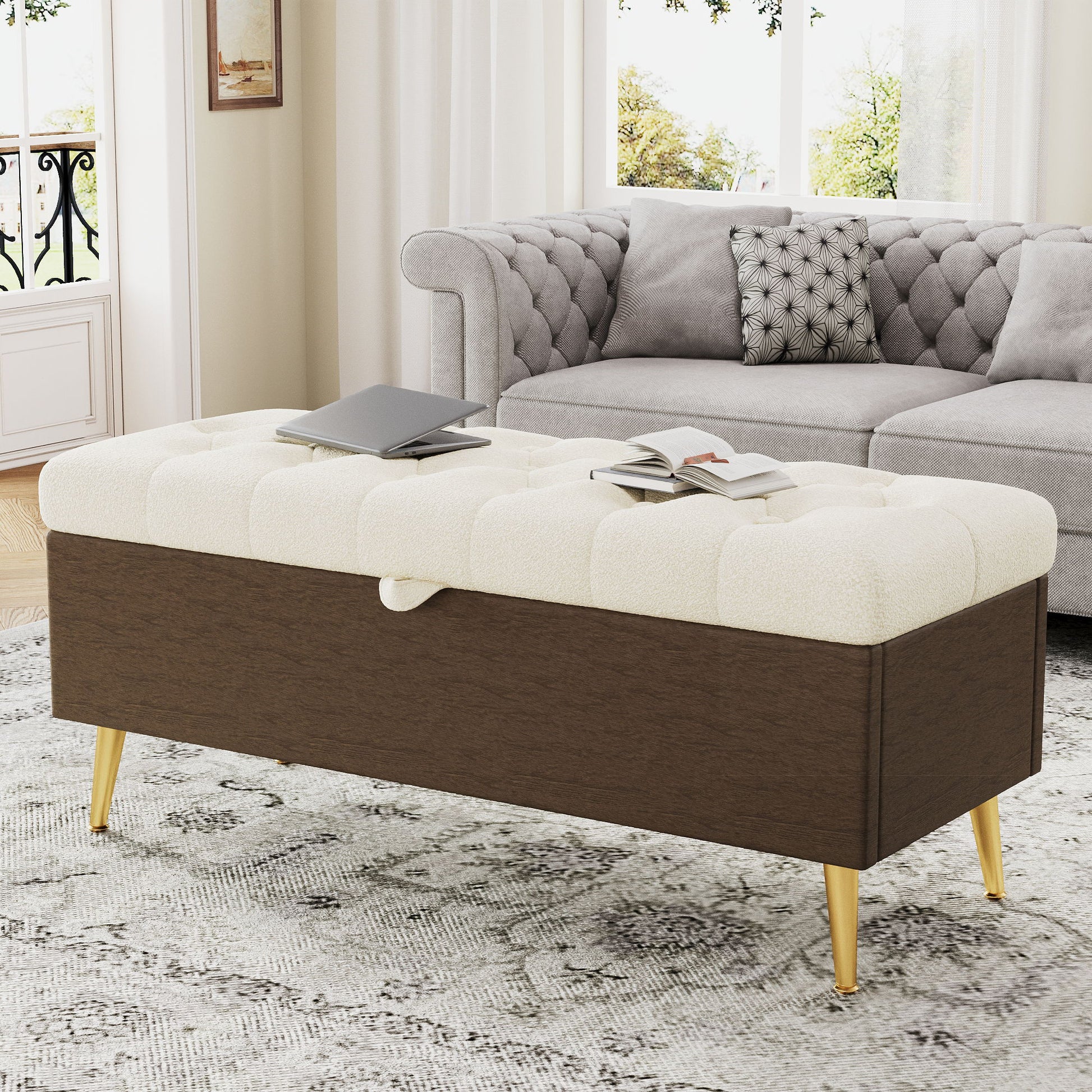 Modern Tufted Storage Ottoman Bench With Metal Legs Hearth and Haven