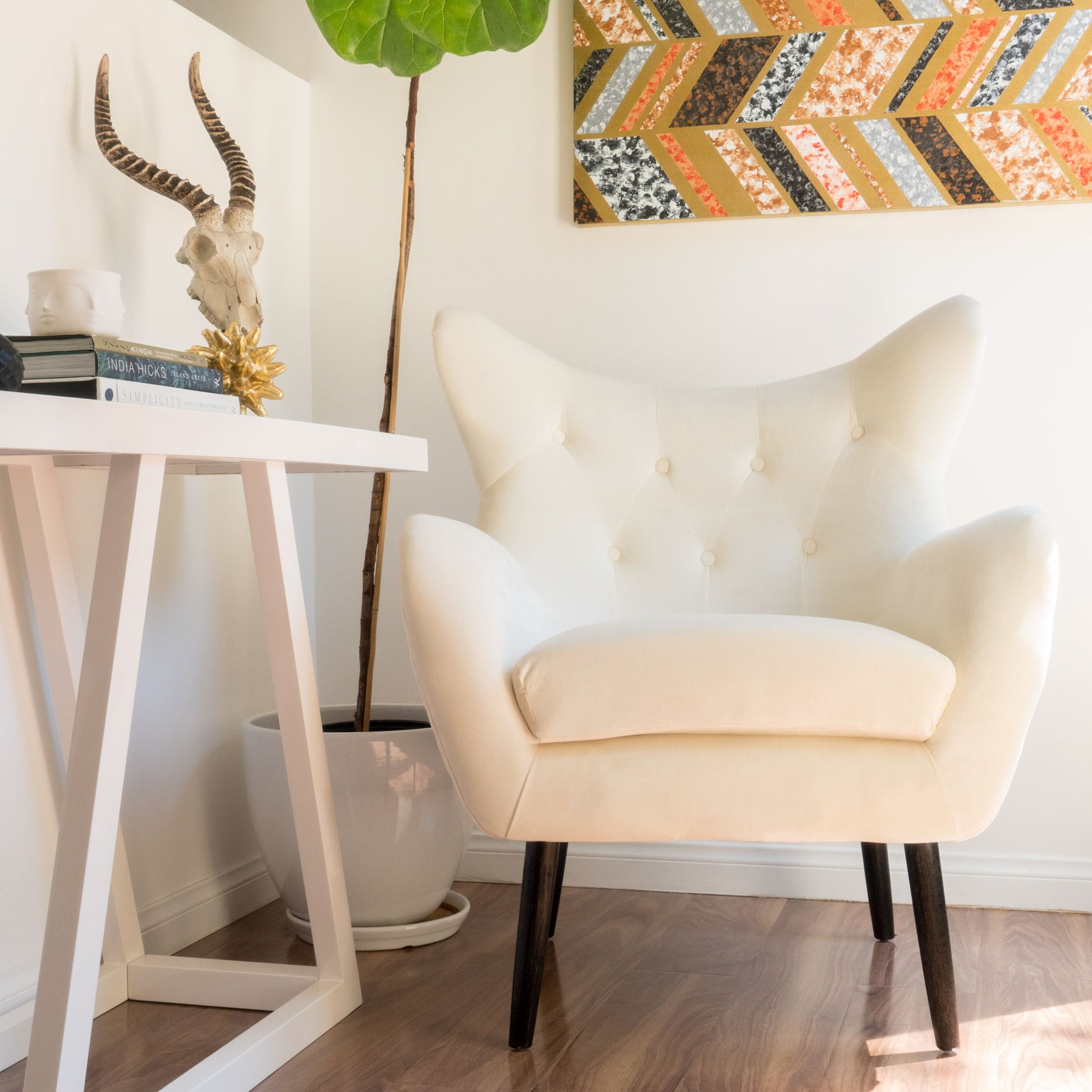 Style Velvet Arm Chair With Wingback And Flared Arms - Ivory Noble House