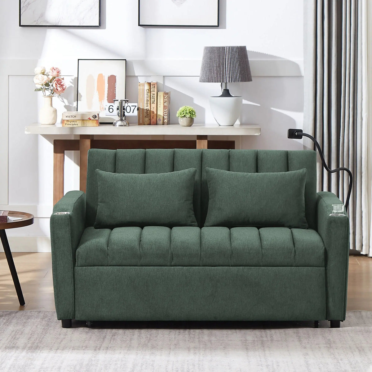 Convertible Sofa Bed Loveseat Sofa With Three USB Ports, Two Side Pockets, Two Cup Holders And 360° swivel Phone Holder For Living Room Hearth and Haven