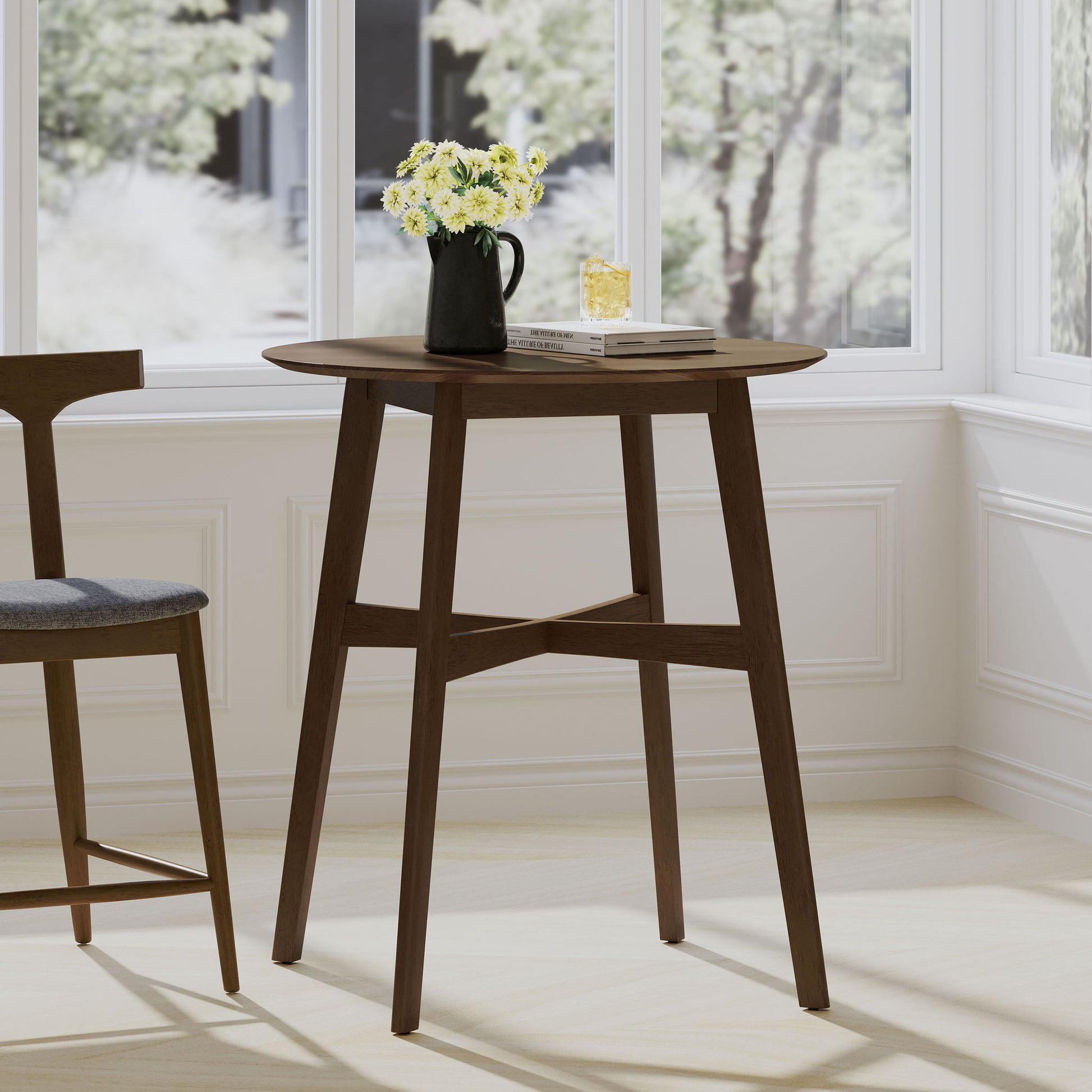 Round Counter Height Dining Table With Thick Rubberwood Legs And Support Beams - Walnut Noble House