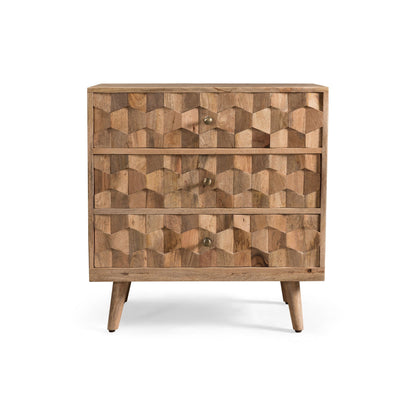 Mid Century Modern Mango Wood 3 Drawer Chest With 3D Tile Weave Design - Natural Noble House