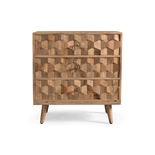 Mid Century Modern Mango Wood 3 Drawer Chest With 3D Tile Weave Design - Natural Noble House